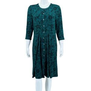 J Jill Dress Womens Medium Green Black Dark Floral Button Up Knit Stretch Office